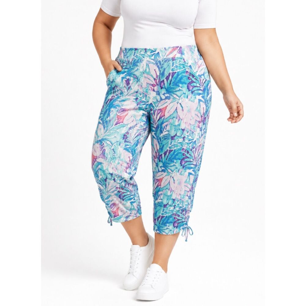 Chico’s Women’s Size 3 Tropical Floral Capri Pants Blue Aqua Purple Pull On Crop